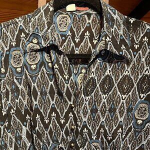 Y2K Semi Sheer Blue Black Long Sleeve V-Neck Career Layer Blouse Top Ruffle